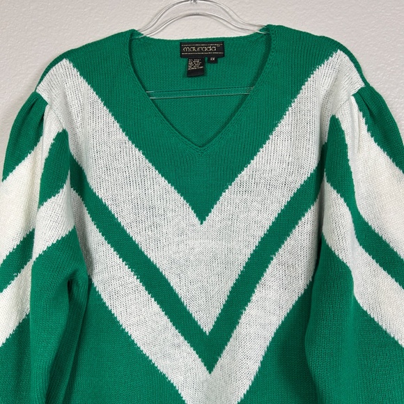 Maurada women plus size 2X knit sweater green white mohair blend chevron varsity - Picture 2 of 11
